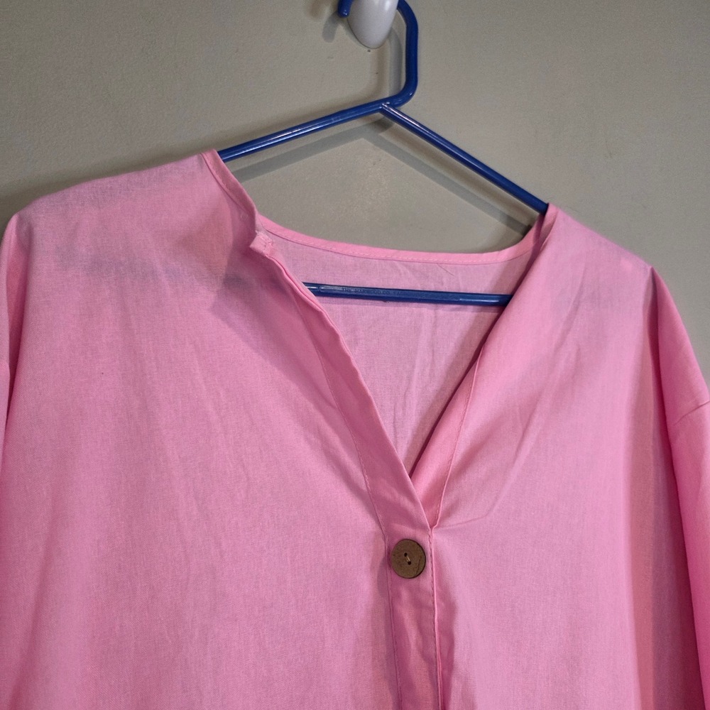Unbranded Pink V-Neck Button Down Blouse Women Large Oversized Cotton Blend Top